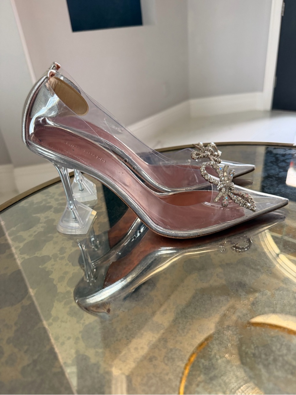 Amina Muaddi Clear PVC Pointed Pumps with Pink Insole and Crystal Bow RUNS SMALL